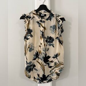 DKNY Cream Floral Ruffle-Sleeve Camisole with Blue and Olive Print